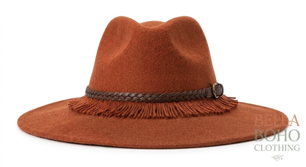 Rust Fringe Wide-Brim Hat