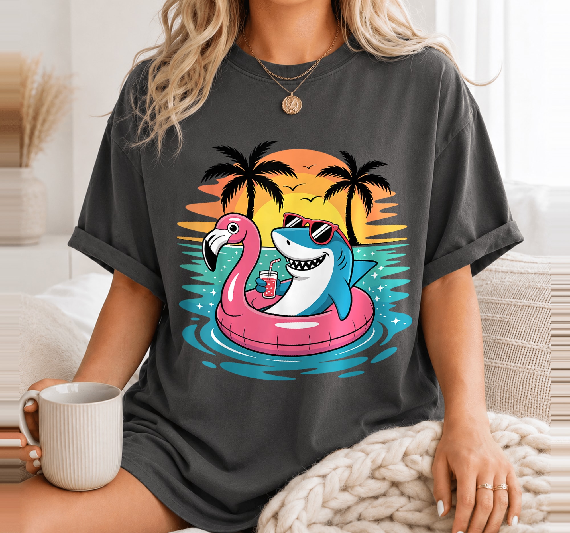 Funny Shark Hawaiian Flamingo Float Beach Summer Vacation T-Shirt