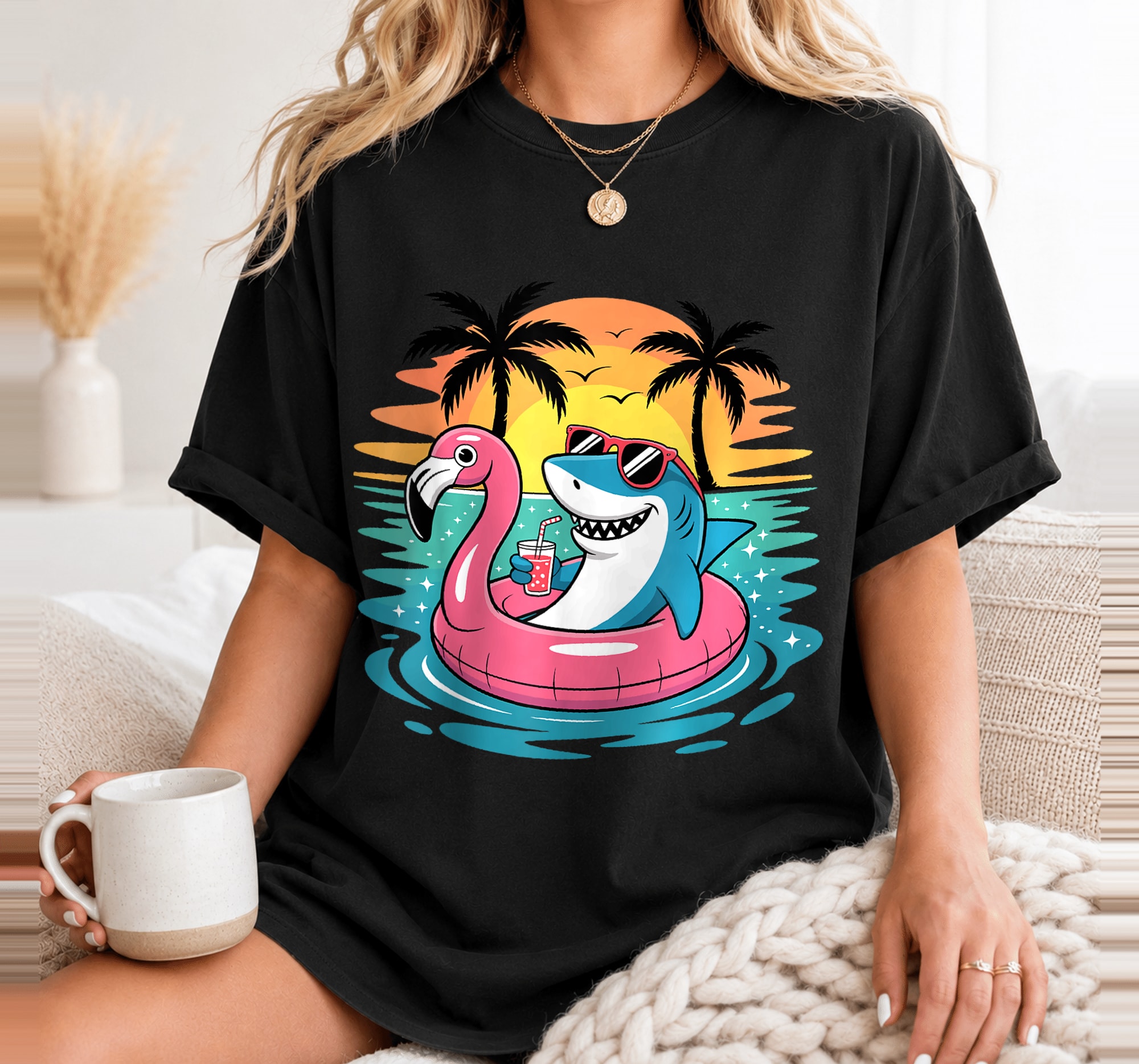 Funny Shark Hawaiian Flamingo Float Beach Summer Vacation T-Shirt 2