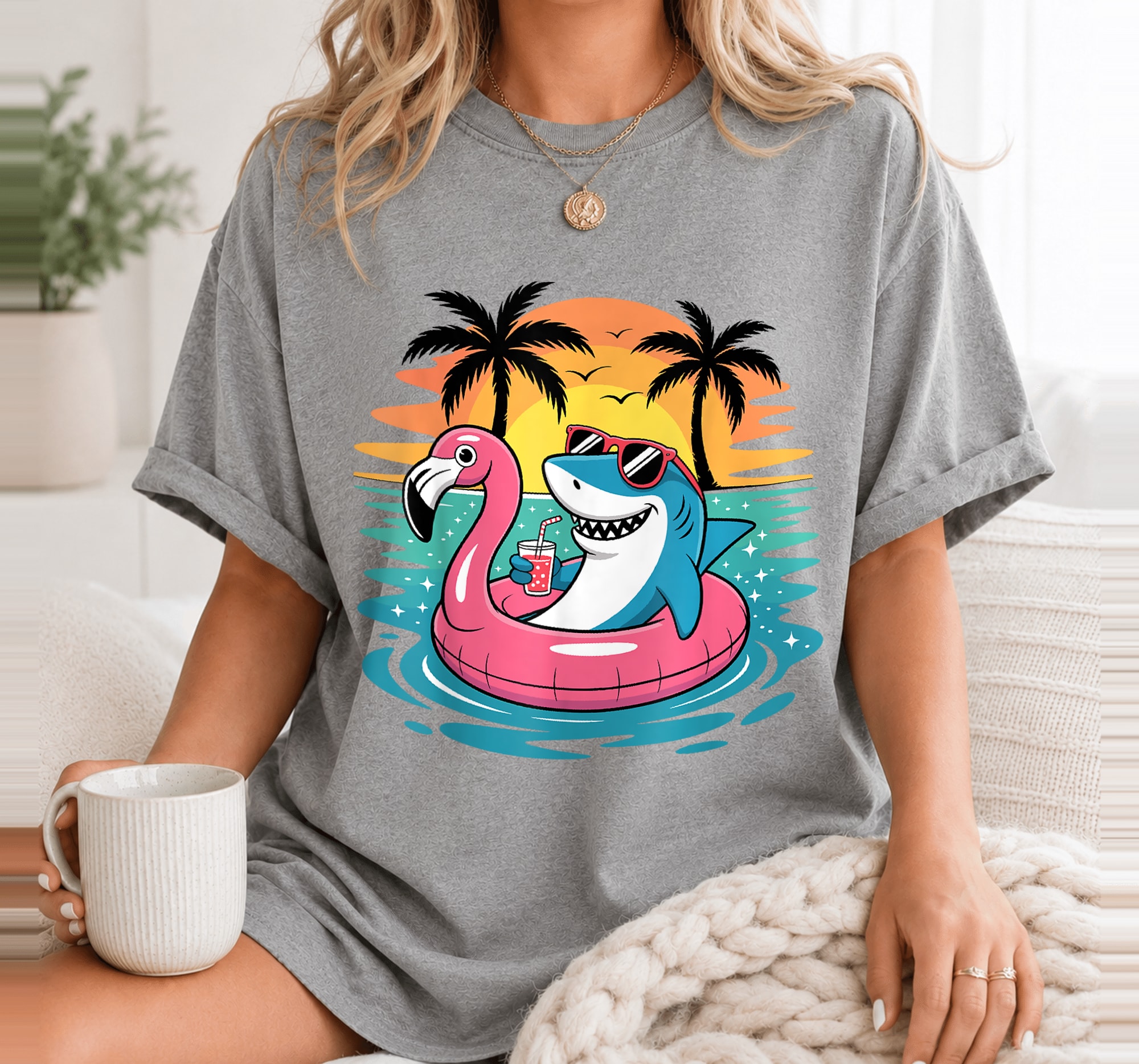 Funny Shark Hawaiian Flamingo Float Beach Summer Vacation T-Shirt 3
