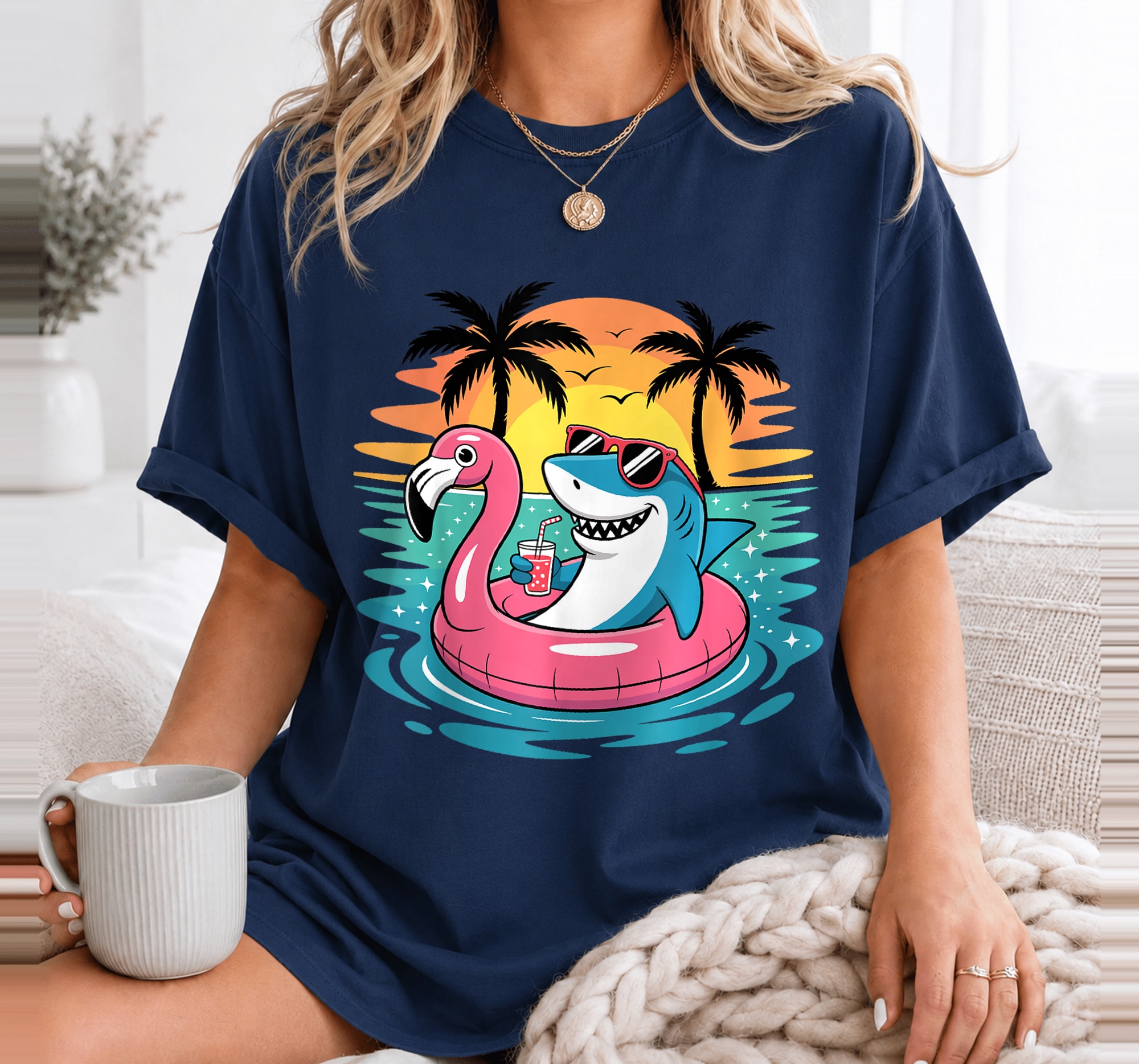 Funny Shark Hawaiian Flamingo Float Beach Summer Vacation T-Shirt 4