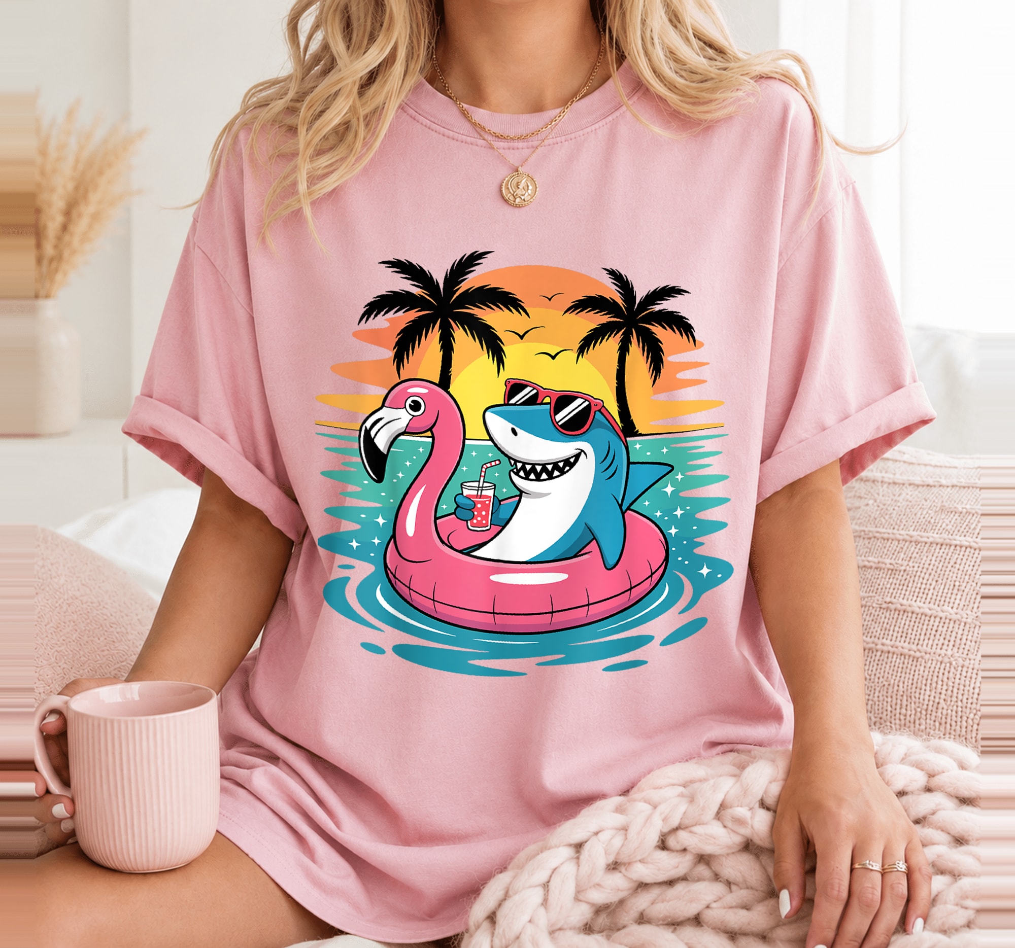 Funny Shark Hawaiian Flamingo Float Beach Summer Vacation T-Shirt 5