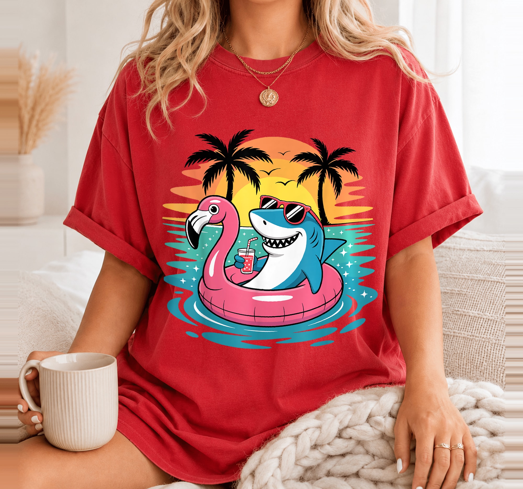Funny Shark Hawaiian Flamingo Float Beach Summer Vacation T-Shirt 6