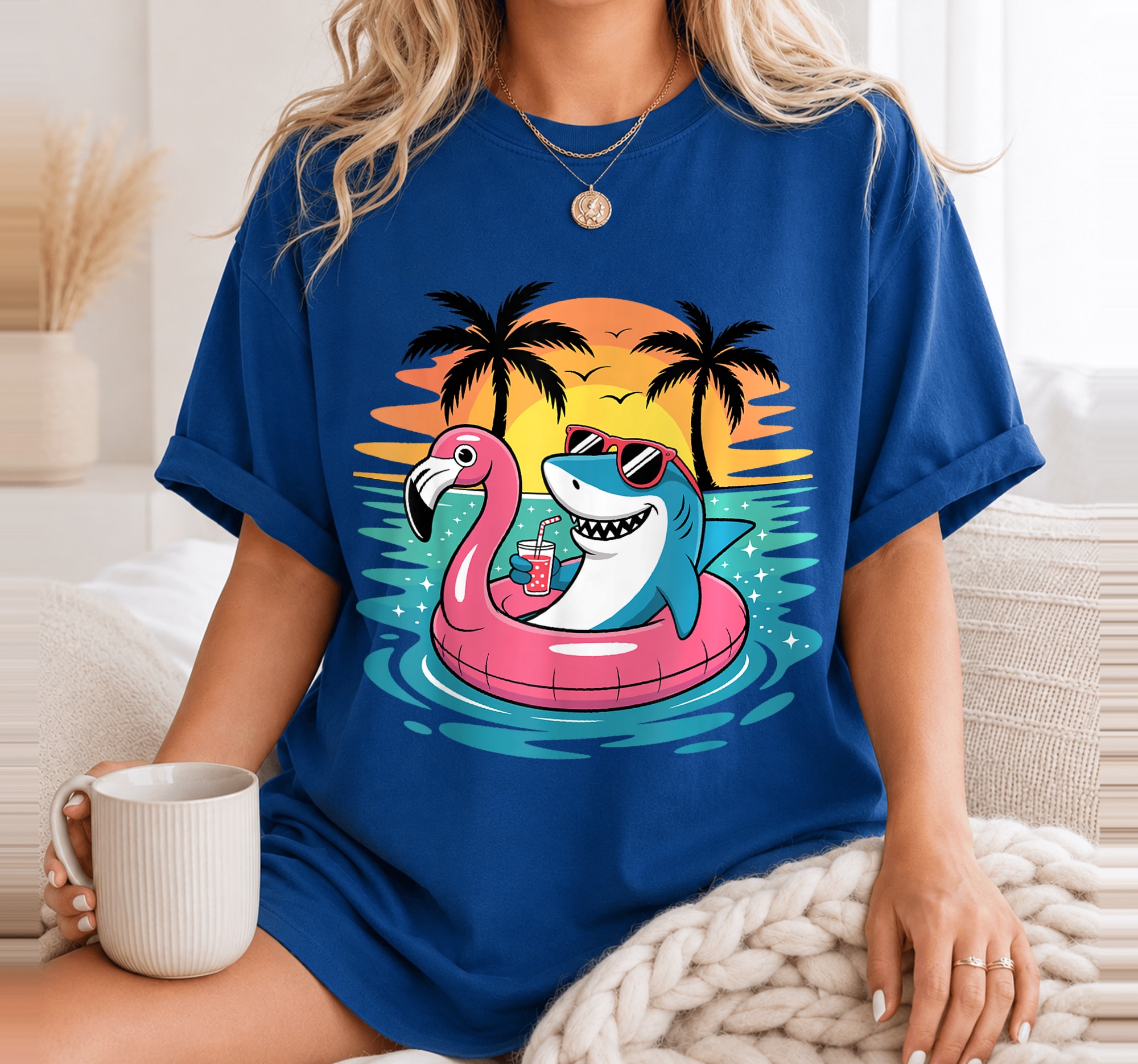 Funny Shark Hawaiian Flamingo Float Beach Summer Vacation T-Shirt 7