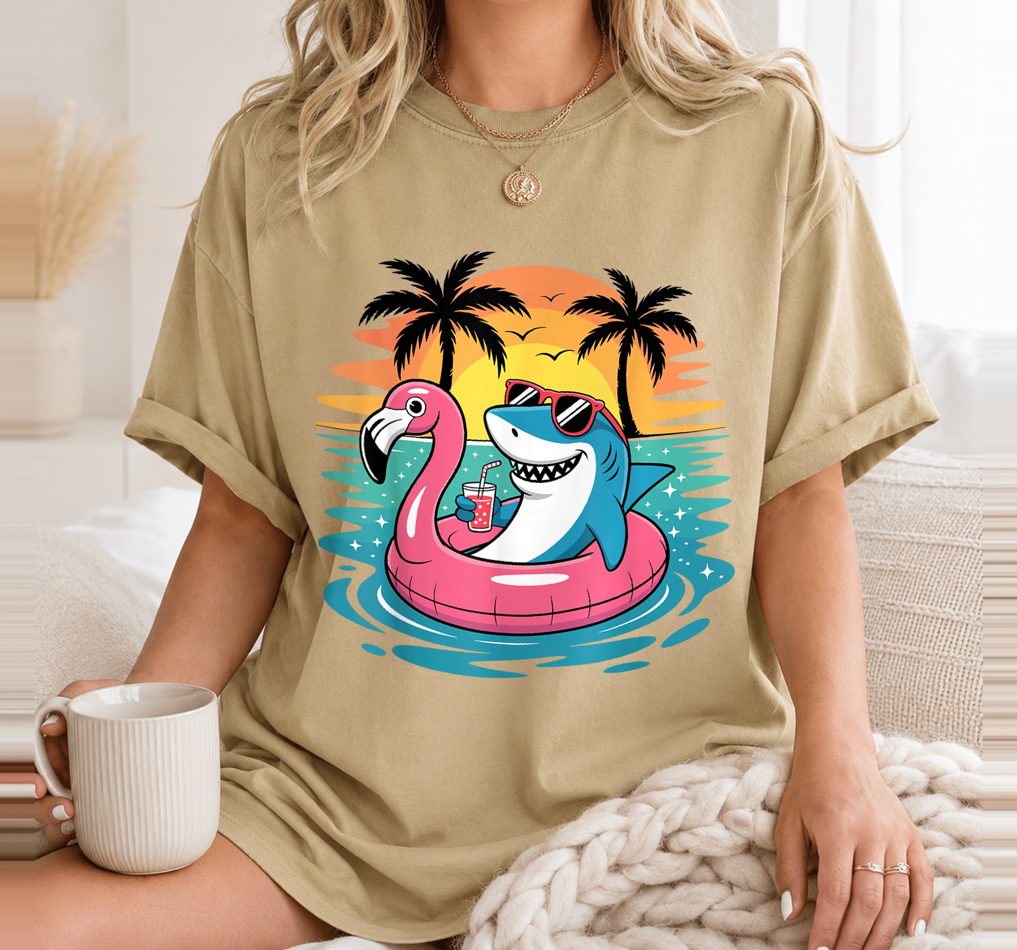 Funny Shark Hawaiian Flamingo Float Beach Summer Vacation T-Shirt 8