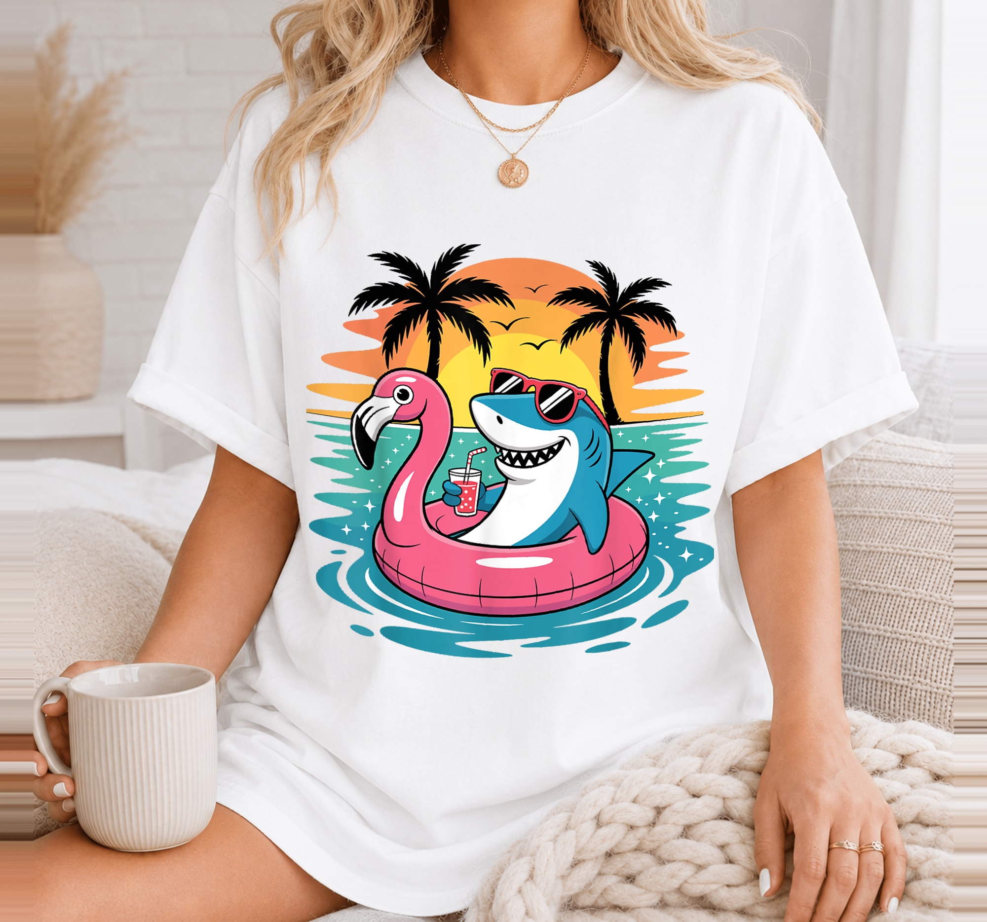 Funny Shark Hawaiian Flamingo Float Beach Summer Vacation T-Shirt 9